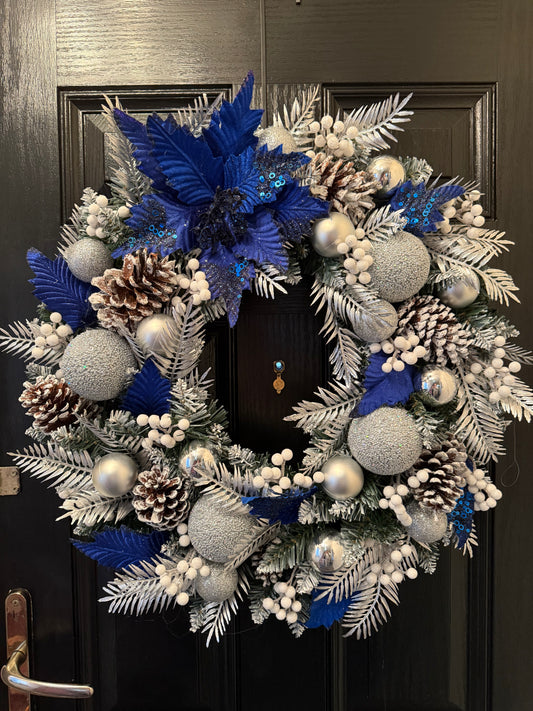 60cm FROSTED CONE ROYAL BLUE / SILVER MIXED BERRY WREATH - IMMEDIATE DESPATCH