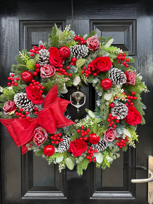 60cm DELUXE FOLIAGE RED TRADITIONAL APPLE ROSE FOLIAGE WREATH - IMMEDIATE DESPATCH