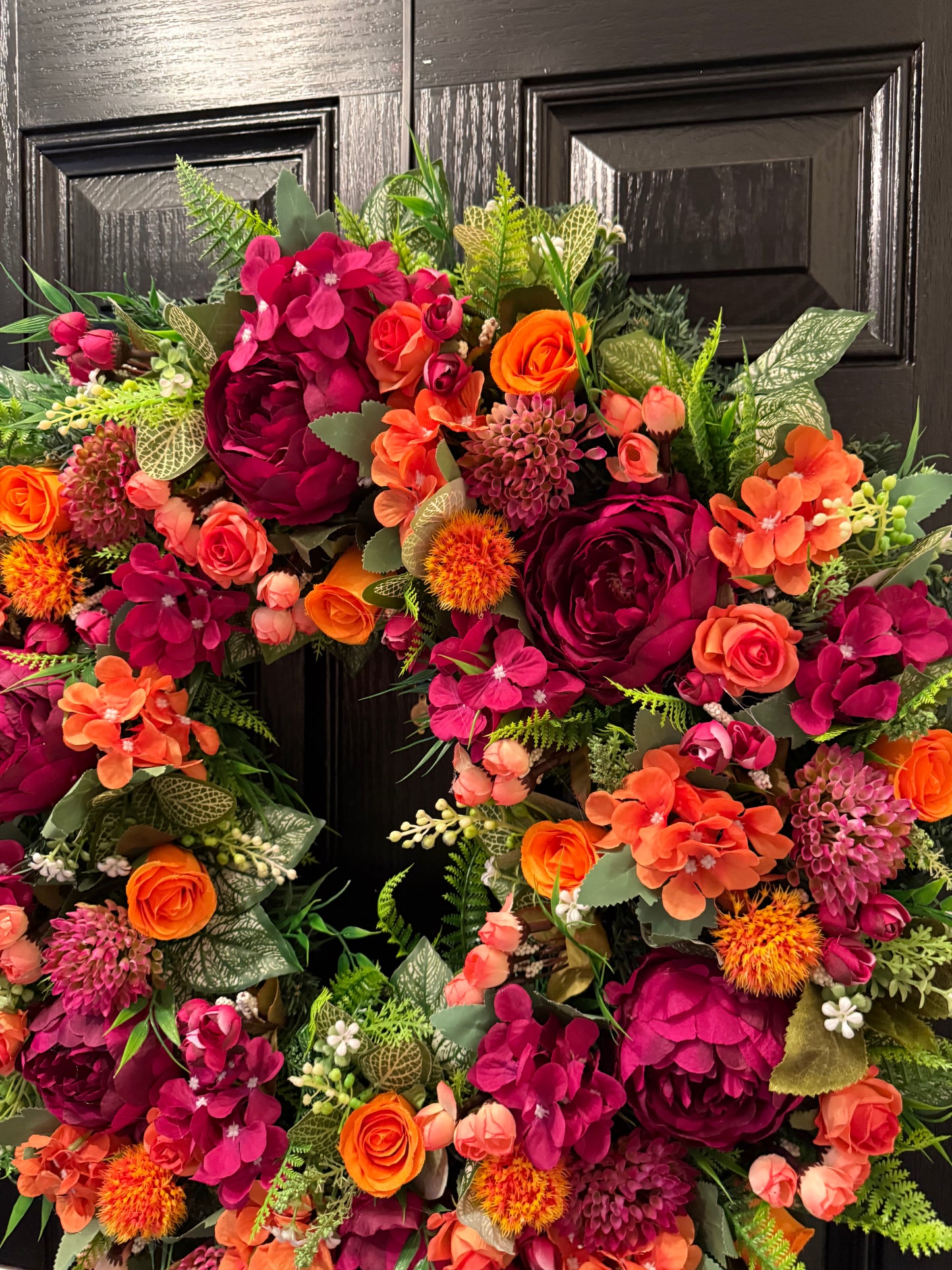 65cm DELUXE DEEP PINKS / ORANGE MIX FOLIAGE WREATH