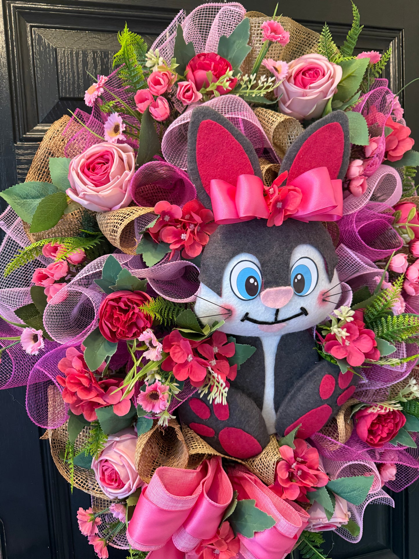 GIANT DELUXE HOT PINK BUNNY FOLIAGE FLOWER EASTER WREATH