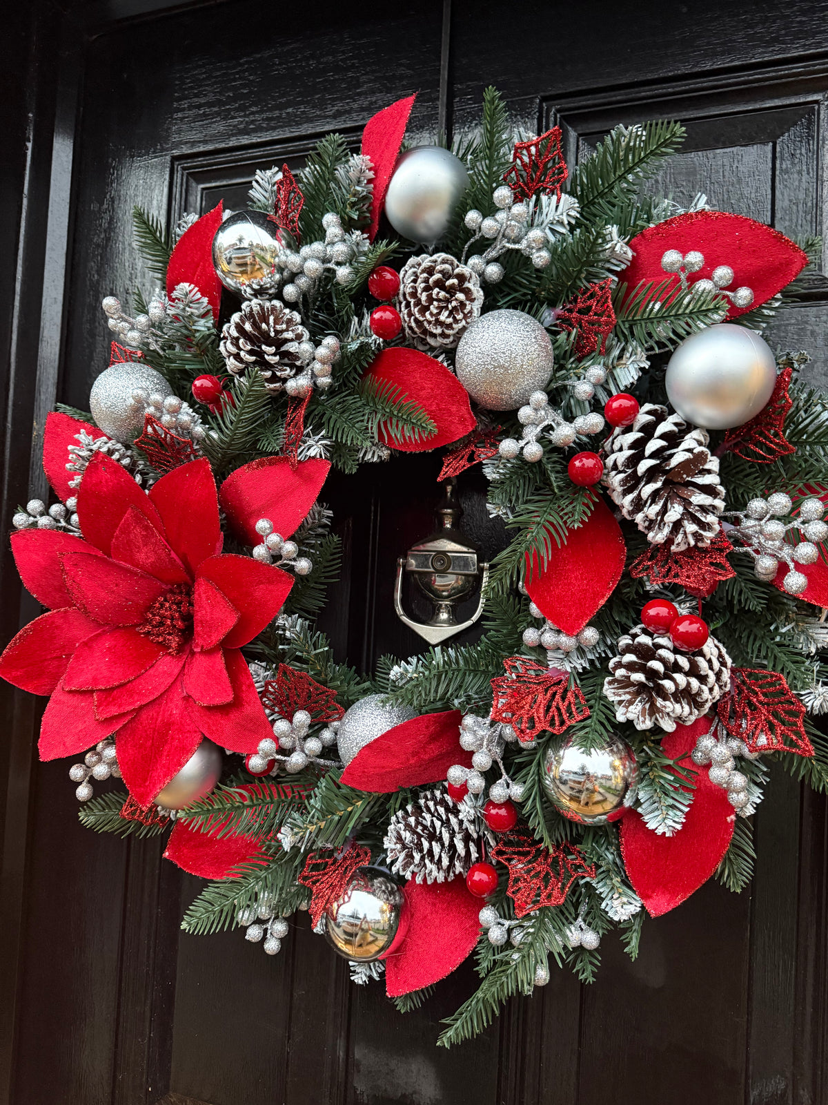 60cm FROSTED DELUXE RED & SILVER  GLITTER POINSETTIA BAUBLE CONE WREATH