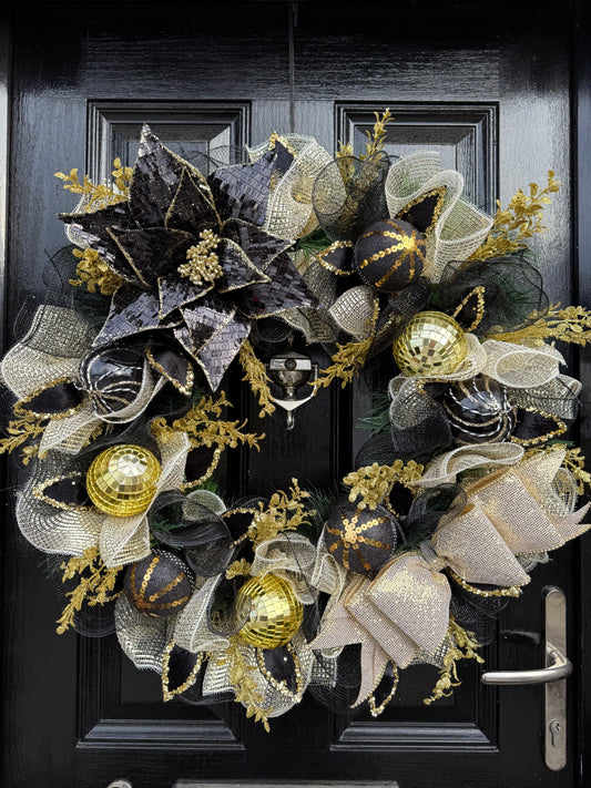 65cm BLACK GOLD MIX MIRROR BALL BAUBLE WREATH - IMMEDIATE DESPATCH