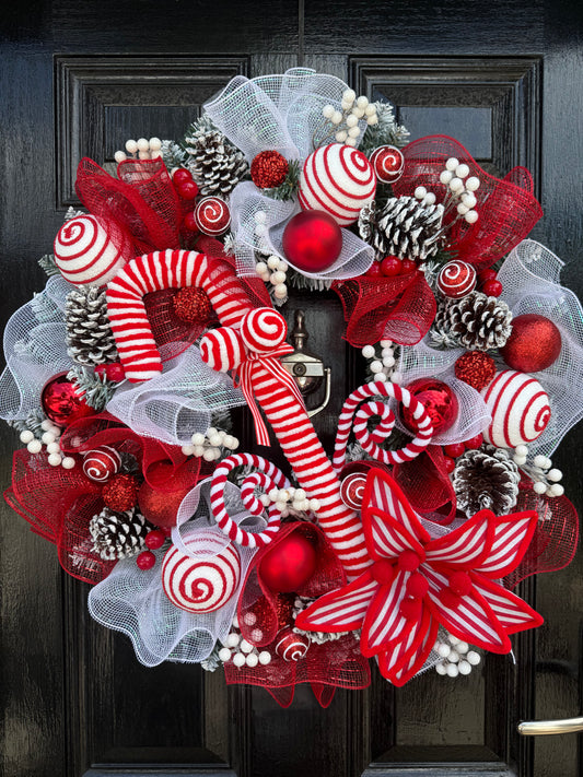 65cm FROSTED CANDY CANE MIXED WREATH - IMMEDIATE DESPATCH