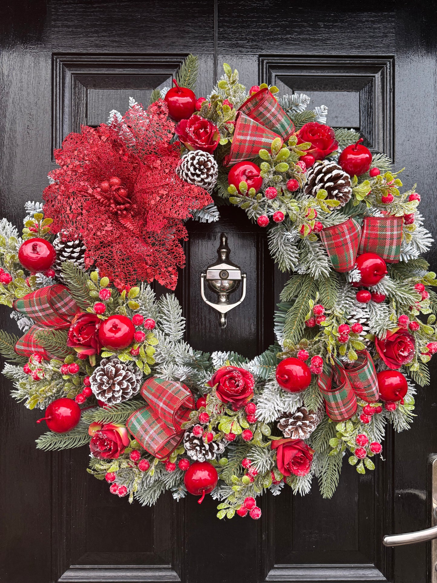 60cm DELUXE WREATH & 6FT MATCHING GARLAND - FOLIAGE TRADITIONAL APPLE FROSTED ROSE BERRY - 2 WEEKS DESPATCH