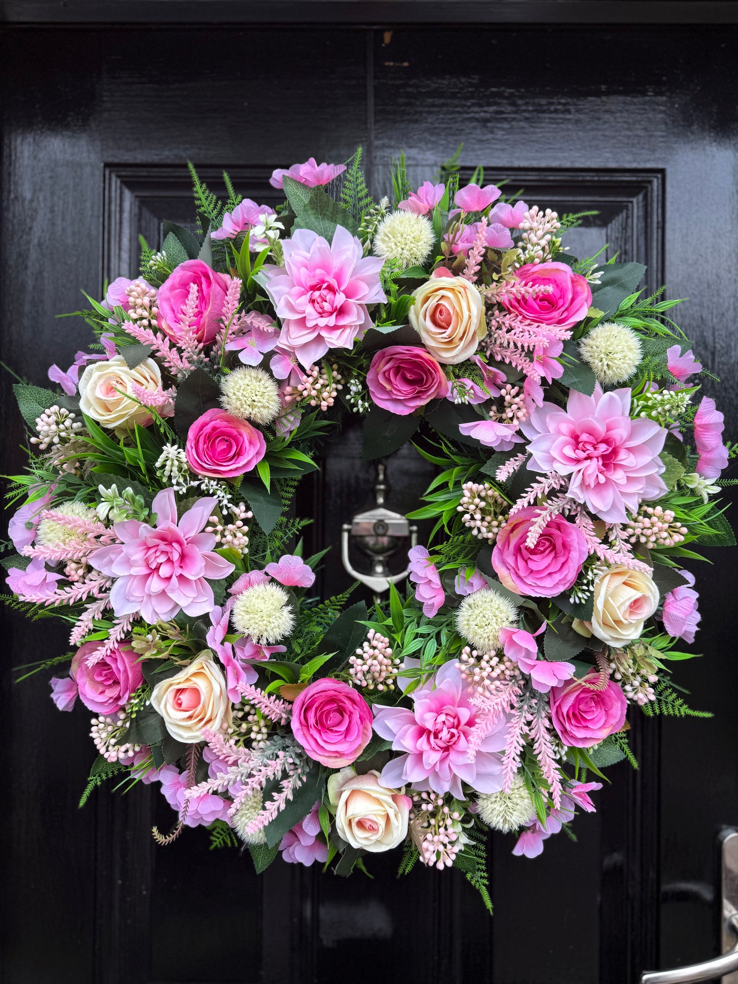 60cm DELUXE THICK FOLIAGE AND MIXED PINK ROSE/DAHLIA WREATH