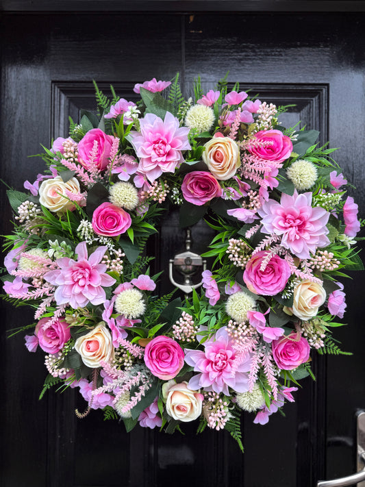 60cm DELUXE THICK FOLIAGE AND MIXED PINK ROSE/DAHLIA WREATH