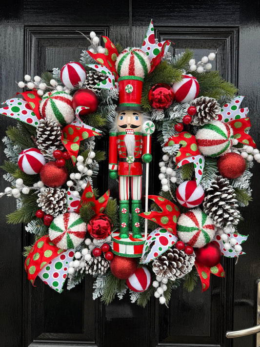65cm FROSTED NUTCRACKER CANDY CANE MIXED WREATH - IMMEDIATE DESPATCH