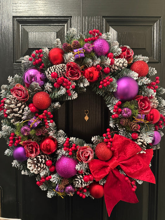 60cm DELUXE FOLIAGE FROSTED BERRY BAUBLE WREATH PURPLE RED - IMMEDIATE DESPATCH