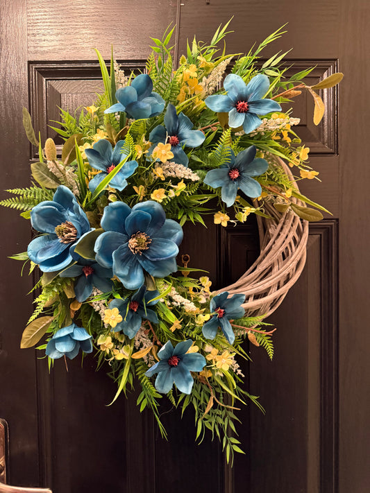 NEUTRAL FOLIAGE TEAL / LEMON MAGNOLIA ALL SEASON WICKER WREATH