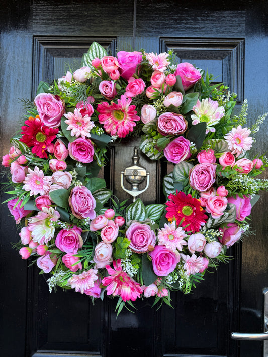 60cm DELUXE THICK FOLIAGE AND MIXED PINK ROSE/GERBERA WREATH
