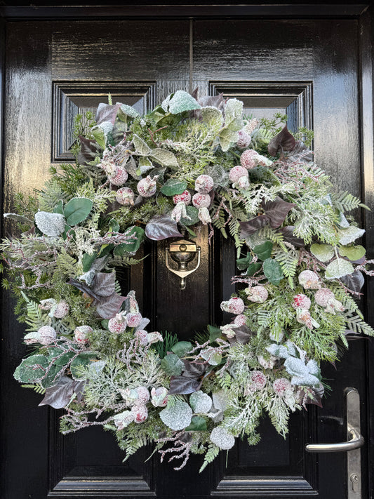 65cm DELUXE WINTER FROSTED FOLIAGE, ROSEHIP WREATH