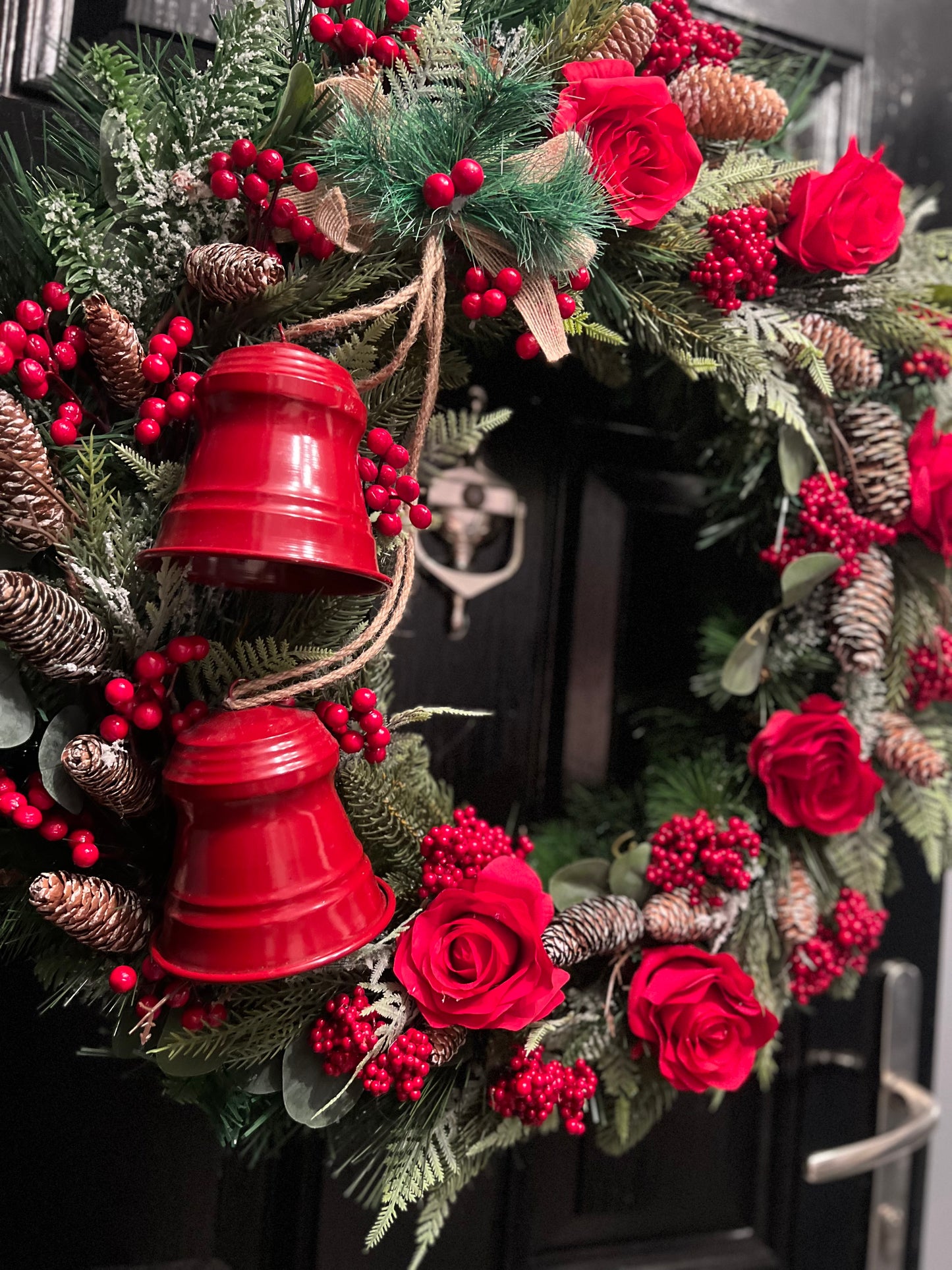 65cm DELUXE RED ROSES/BELLS/BERRIES WREATH - IMMEDIATE DESPATCH