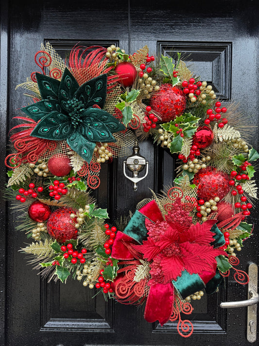 65cm DELUXE TRADITIONAL GREEN / RED POINSETTIA WREATH
