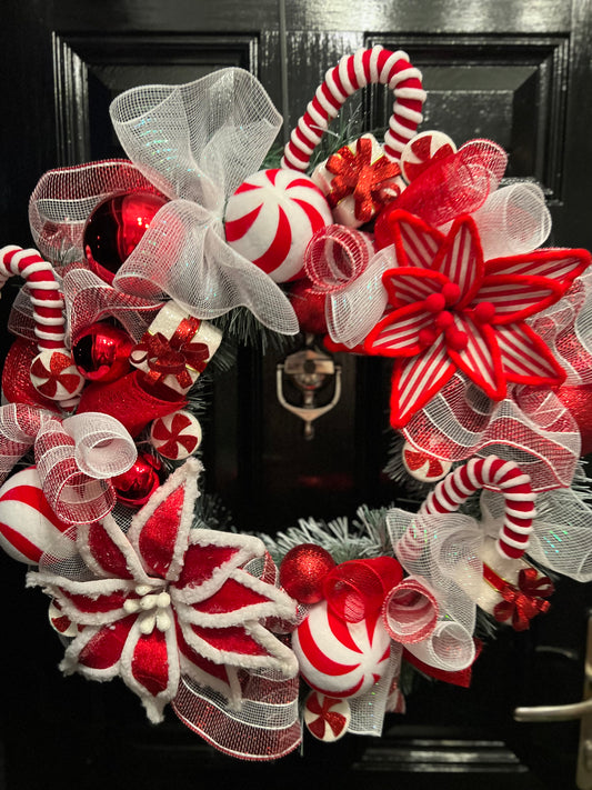 65cm DELUXE WREATH MESH RED WHITE CANDY - PRE ORDER TO BE DESPATCHED *** EARLY DECEMBER***