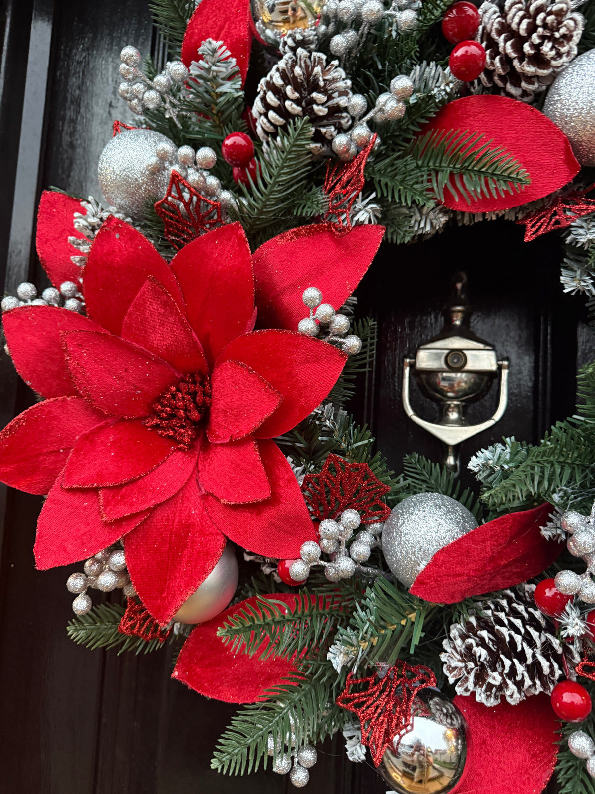 60cm FROSTED DELUXE RED & SILVER  GLITTER POINSETTIA BAUBLE CONE WREATH