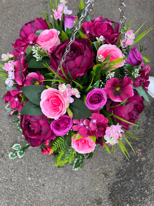 **NEW** DELUXE XL HANGING BASKET DEEP PINK PEONY / PINK MIXED 12 INCH BROWN CONE