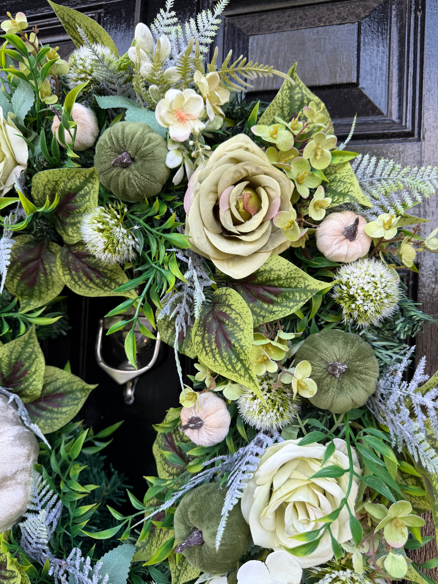 60cm DELUXE SAGE GREEN & IVORY PUMPKIN WOODLAND MIXED FOLIAGE AUTUMN WREATH