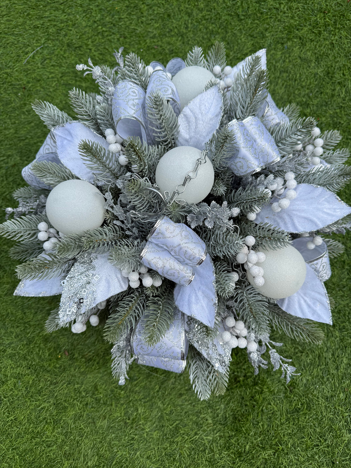DISPATCH LATE OCTOBER - 12inch ROUND WHITE SILVER WINTER WONDERLAND  CHRISTMAS HANGING BASKET