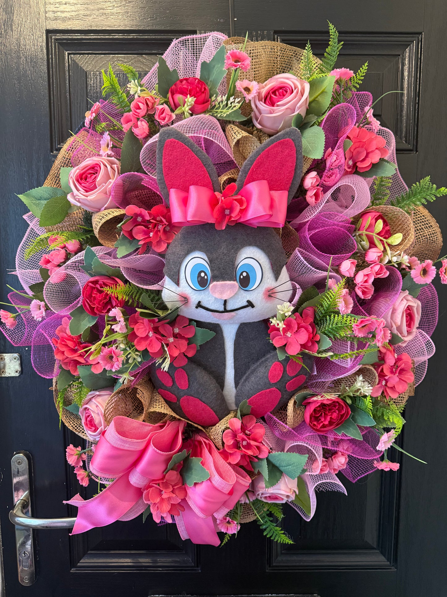 GIANT DELUXE HOT PINK BUNNY FOLIAGE FLOWER EASTER WREATH