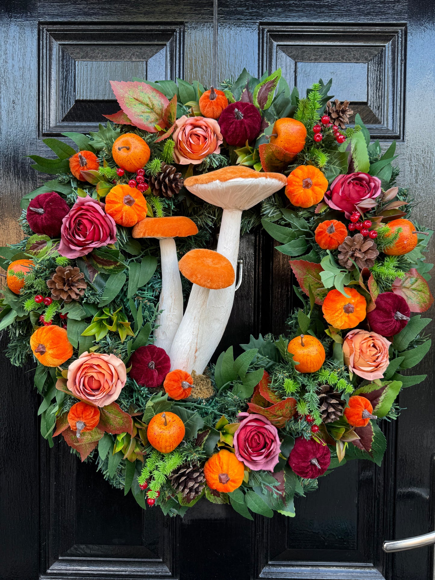 60cm DELUXE GIANT ORANGE BURGUNDY TOADSTOOL  WOODLAND MIXED FOLIAGE AUTUMN WREATH