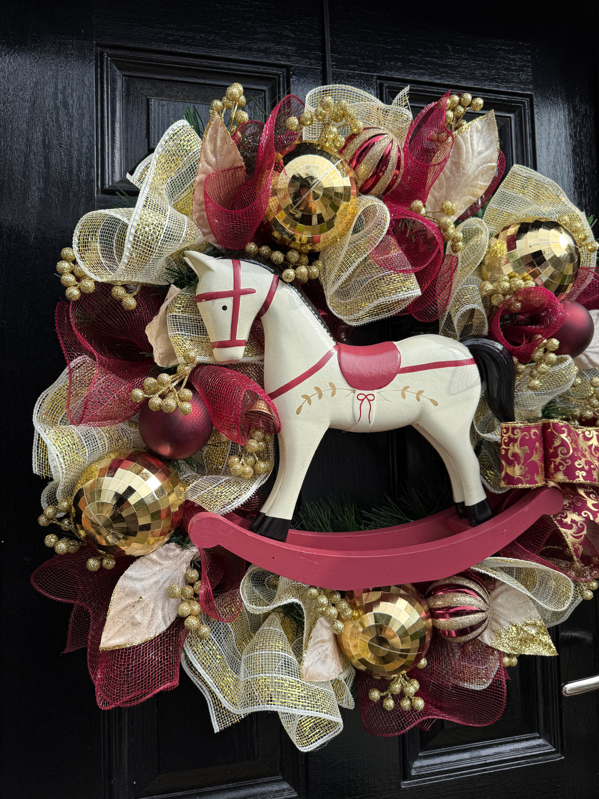 65cm TRADITIONAL DELUXE ROCKING HORSE WREATH BURGUNDY/GOLD