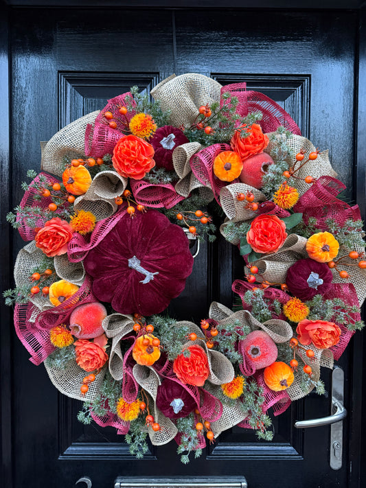 65cm DELUXE  BURGUNDY PUMPKIN WOODLAND BERRY MIXED FOLIAGE AUTUMN WREATH