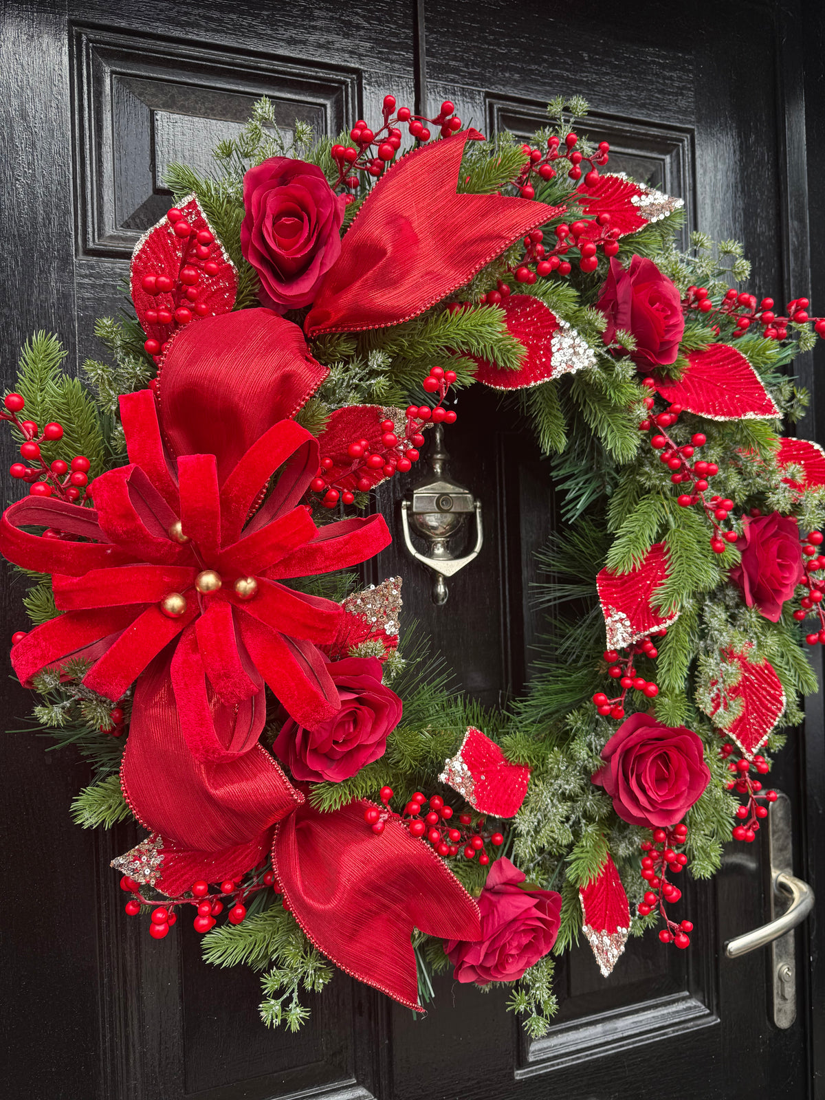 65CM DELUXE FOLIAGE RED TRADITIONAL FLOWER BURST  WREATH - IMMEDIATE DESPATCH