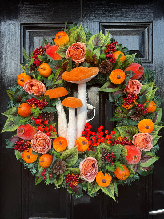 60cm DELUXE GIANT ORANGE TOADSTOOL  WOODLAND MIXED FOLIAGE AUTUMN WREATH