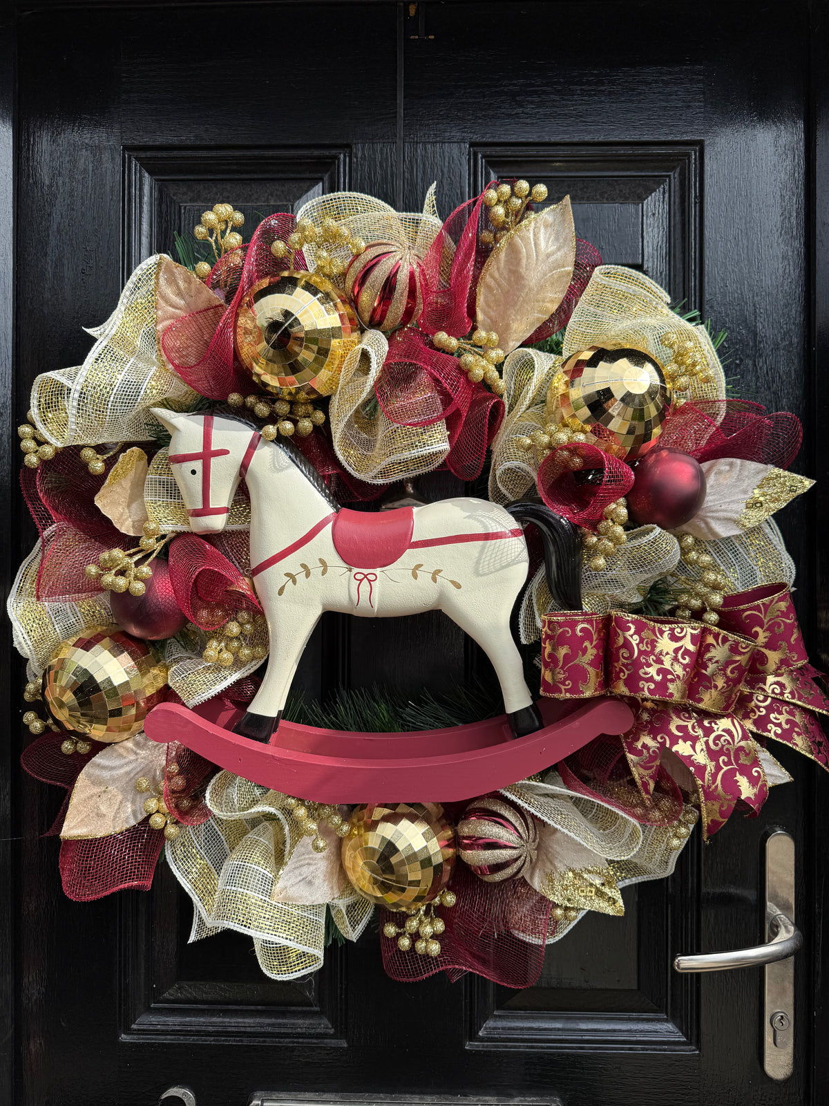 65cm TRADITIONAL DELUXE ROCKING HORSE WREATH BURGUNDY/GOLD